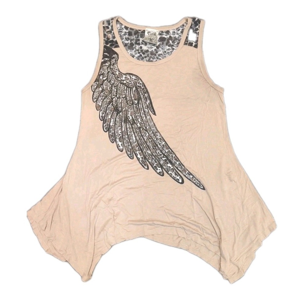 Vocal Women L Tank Top Beaded Wings Feather Mesh Back Biker USA Asymmetrical Hem